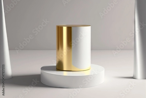 Fototapeta White and light gray drawing of a cylinder podium or stand for displaying products in a flat lay, as well as a minimalist, elegant backdrop with a golden line are all used in this shot. Generative AI