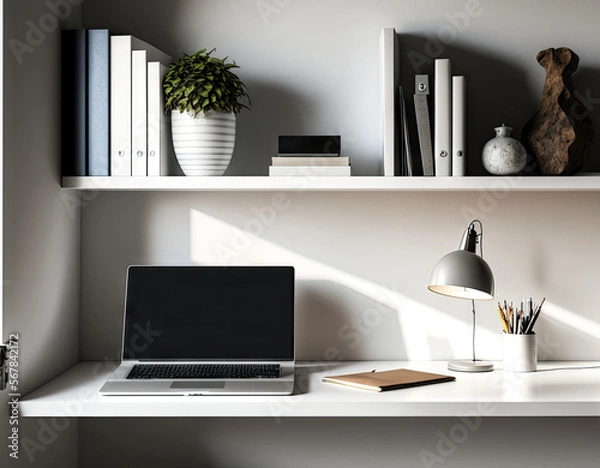 Fototapeta Decorative shelf units and a workspace with a contemporary laptop close to a white wall. Generative AI