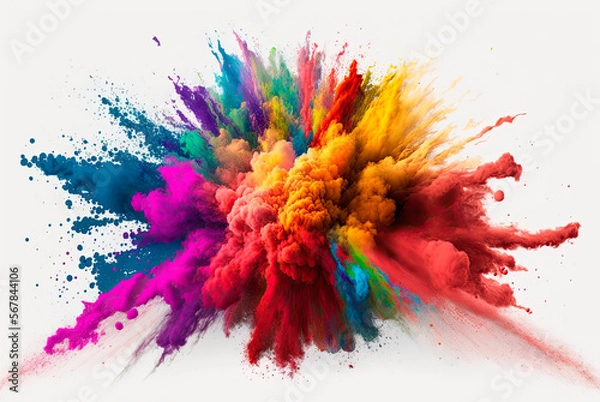 Fototapeta Multicolored explosion of rainbow holi powder paint isolated on white background. Generative AI