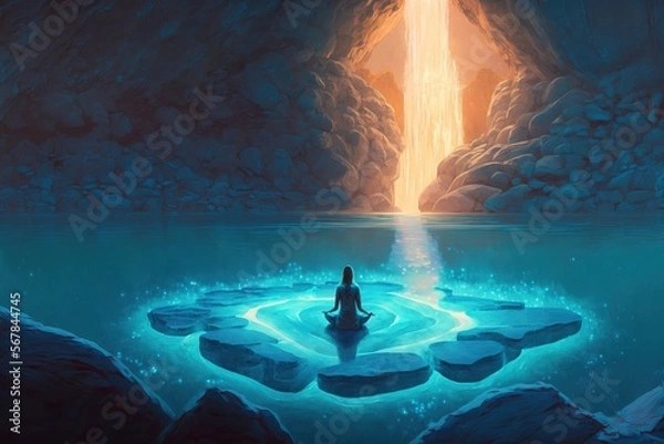 Obraz Woman medidates in lotus pose in surreal environment