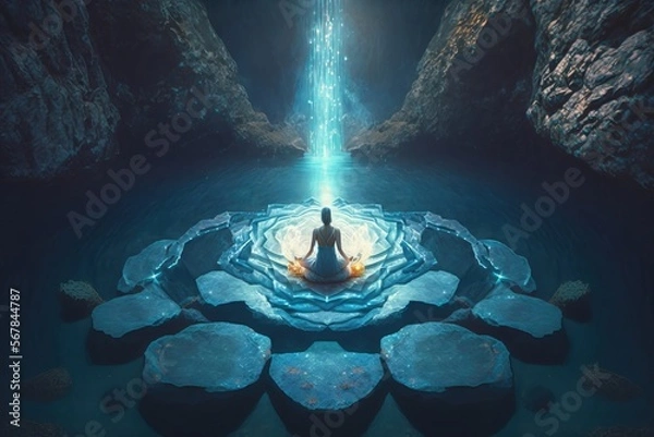 Obraz Woman medidates in lotus pose in surreal environment