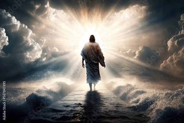 Fototapeta Walk on Water, Jesus Christ walking on the sea of Galilee with beams of light, easter, generative ai