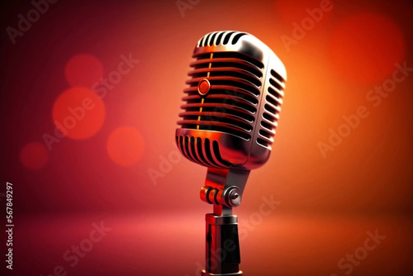 Fototapeta Microphone on background of the red curtain. Comedy show stage with microphone. Stand Up concert, open mike event for comedians on theater scene with red curtains. Generative AI