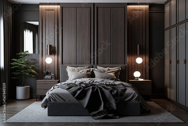 Obraz Modern bedroom interior with gray and dark wooden walls, wooden floor, master bed with two round nightstands with lamps and a wardrobe with clothes. AI