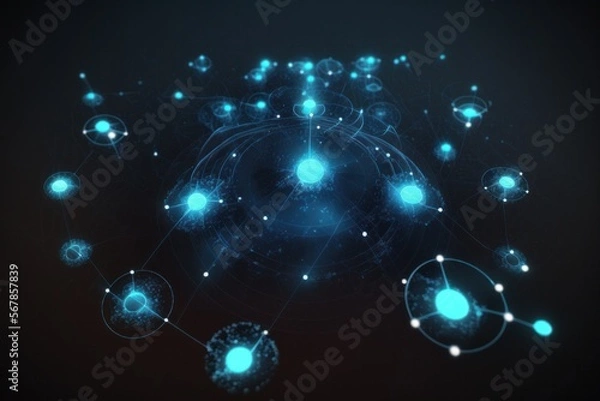 Fototapeta An abstract illustration of the cosmos, glowing blue energy balls, resembling the center of a solar system, with lines symbolising interconnectivity, created with Generative AI technology