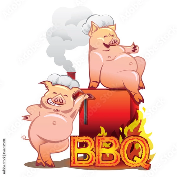 Obraz Two funny pigs near the red smoker