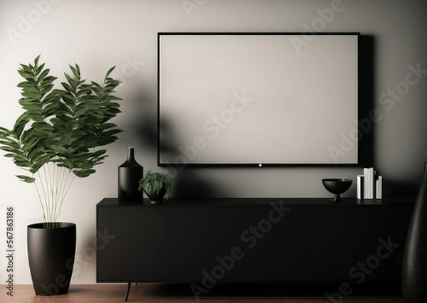 Fototapeta Modern living room zen style smart TV mockup hanging on cabinet décor with a blank, black screen. Generative AI