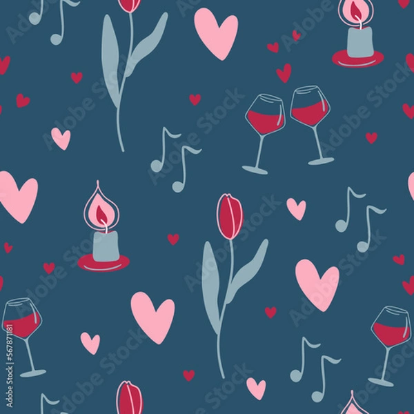 Fototapeta Valentine's day pattern. Endless ornament with love symbols on dark blue background. Romantic print. Vector illustration.
