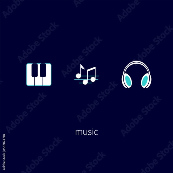 Fototapeta Music app icon set. Piano, notes and headphones icons. Line icons for music theme. Music icons for design