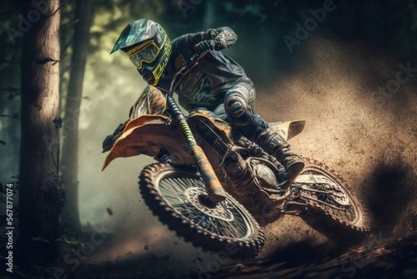 Fototapeta Extreme Motocross MX Rider riding on dirt track ,forest one the background ,Generative ai