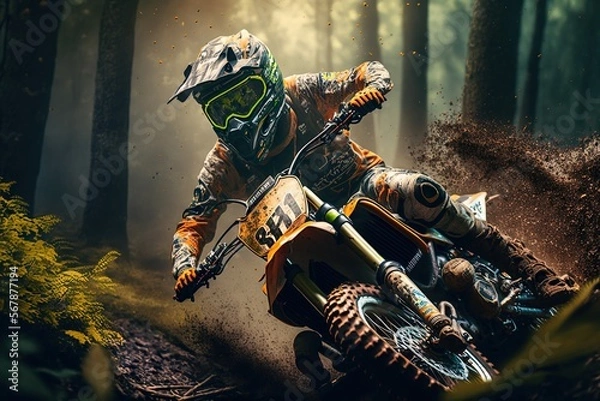 Fototapeta Extreme Motocross MX Rider riding on dirt track ,forest one the background ,Generative ai