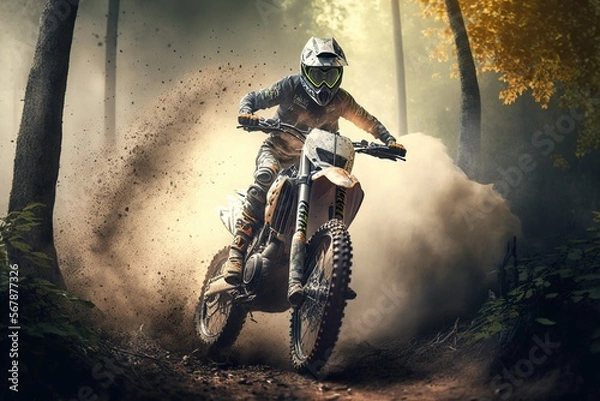 Fototapeta Extreme Motocross MX Rider riding on dirt track ,forest one the background ,Generative ai