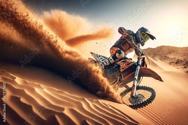 Fototapeta Extreme Motocross MX Rider riding on Sand track , desert on the background , Generative ai