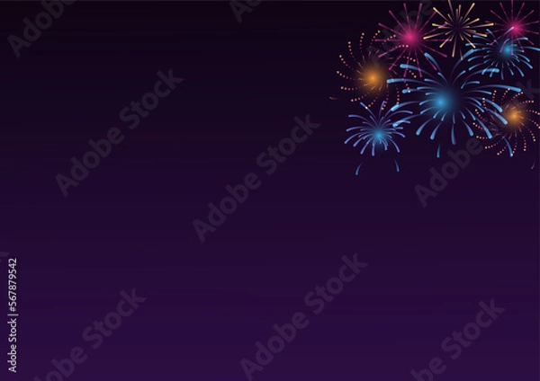 Fototapeta Colorful fireworks with holiday celebration symbols on the right of the purple and black color background, empty space for display logo and content, creative design vector illustration.