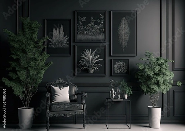 Fototapeta a single color monochromatic interior scene of a room in black and dark gray with furniture, plants, and four frames on the wall. Generative AI