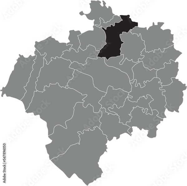 Fototapeta Black flat blank highlighted location map of the KLÜT DISTRICT inside gray administrative map of DETMOLD, Germany