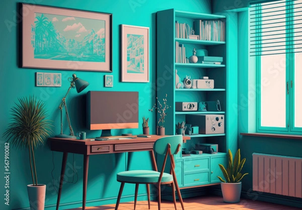 Fototapeta Cyan living room interior with desk and rack. Generative AI
