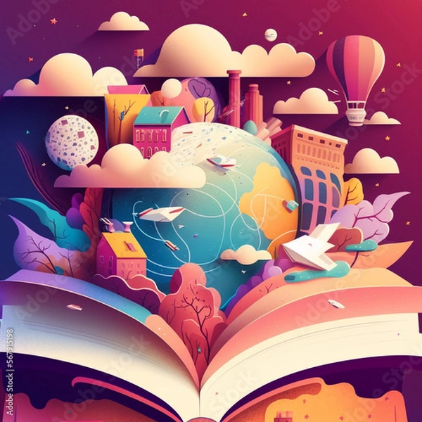 Fototapeta Flat design cartoon World Book Day illustration. Open book with stories coming out of the pages. AI generated