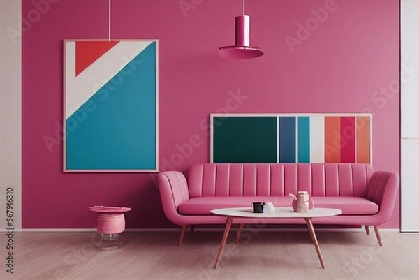Fototapeta Beautiful Cute Chic Pink Mid century Modern Interior Living room Frame Made with Generative Ai 