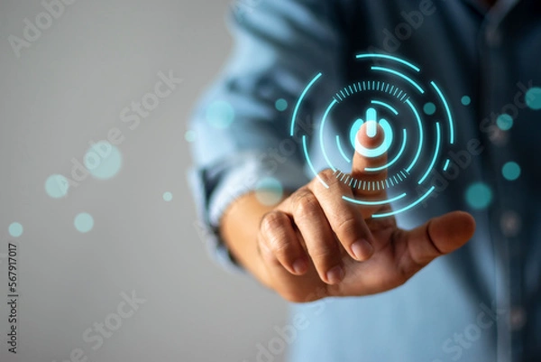 Fototapeta Businessman touching start button , technology concept, future