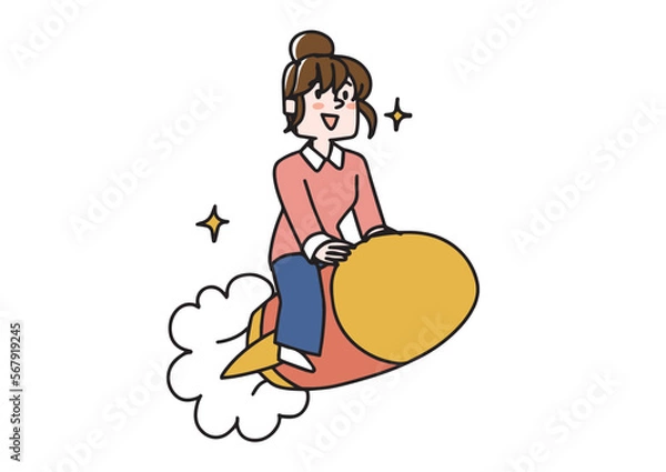 Obraz ロケットに乗って新しいスタートをする女性　通信、オンライン教育で新しい学習にチャレンジするイラスト