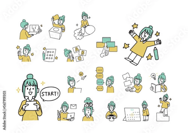 Obraz 通信、オンライン教育で新しい学習にチャレンジする女性のイラストセット