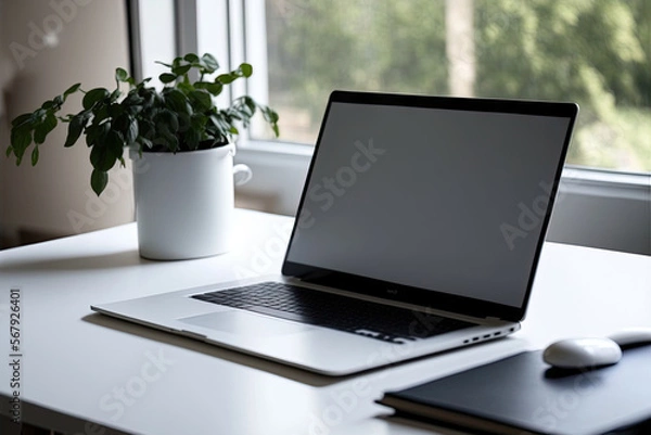 Fototapeta Photo of computer laptop with white blank screen putting on the modern working table with blurred comfortable office as background. Void screen for advertise concept. Generative AI