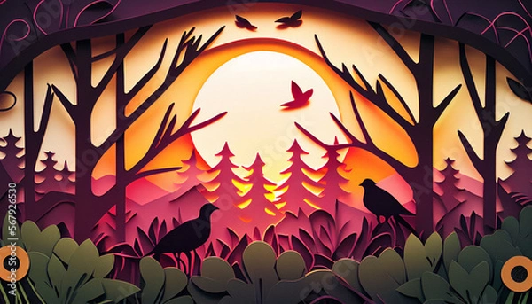 Fototapeta Glorious Spring Sunrise Over a Forest Background in Papercut Style. Generative AI