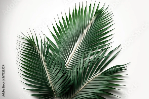 Fototapeta Palm tree leaves, isolated on a white backdrop. Generative AI