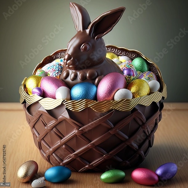 Fototapeta chocolate easter bunny with eggs