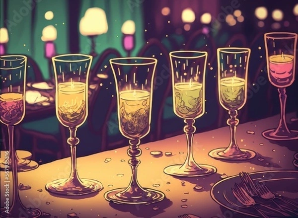 Fototapeta On a long table set for the wedding feast, sparkling glasses are displayed. Generative AI