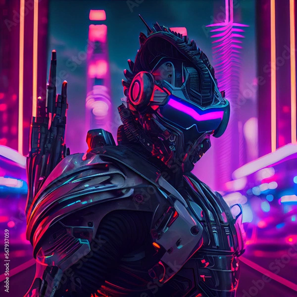 Fototapeta Alien Robot Wear Vr Glasses Cyberpunk Style. Generative Ai