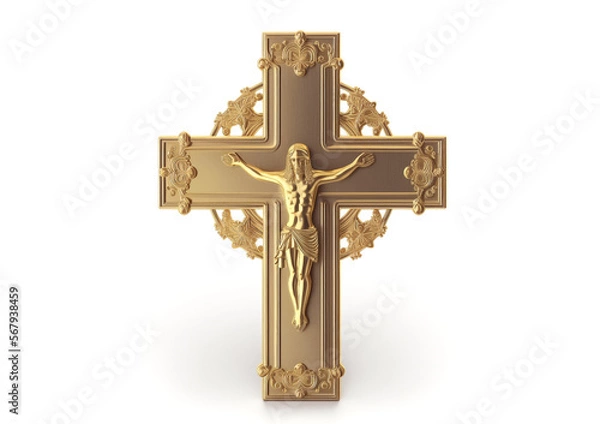 Obraz Golden crucifix cross with Jesus isolated on white. Generative AI