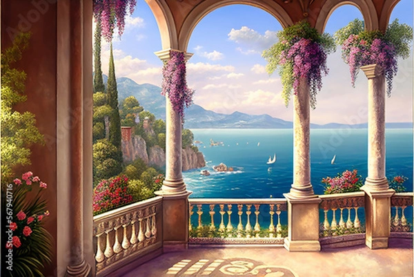 Obraz painting fresco balcony sea view imagine oil color	fresh 