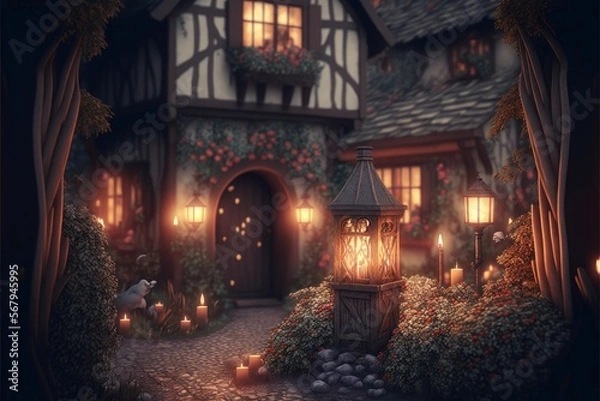 Fototapeta Romantic Candle Dinner At Mysterious Hidden Village (generative AI)