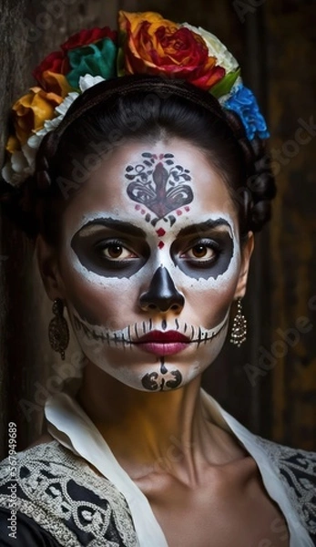 Fototapeta Dia de los muertos, Mexican holiday of the dead and halloween. Woman with sugar skull make up and flowers. generative AI