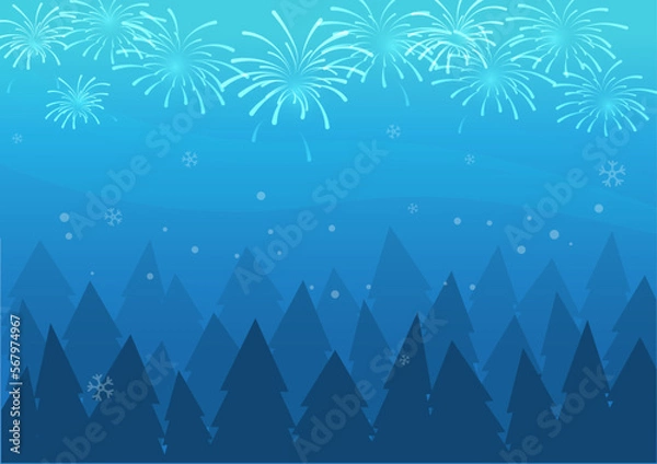Fototapeta Merry Christmas and Happy New Year background with tree and snow fall and fireworks on sky blue background, winter and wind background, blue fireworks with holiday celebration symbols.
