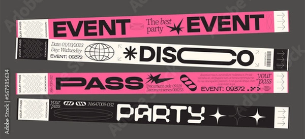 Fototapeta Control ticket bracelets for events, disco, festival, fan zone, party, staff. Vector mockup of a festival bracelet in a futuristic style