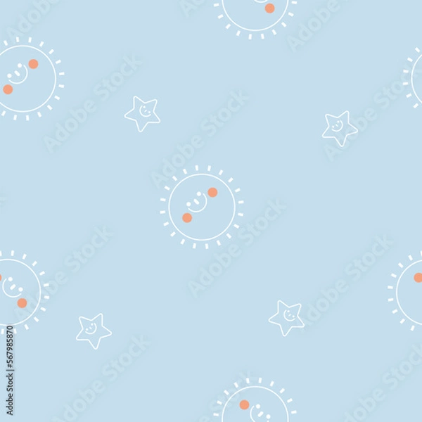 Fototapeta seamless minimal cute, sweet, pastel, line art smiling sun and star repeat pattern in blue background, flat vector illustration design