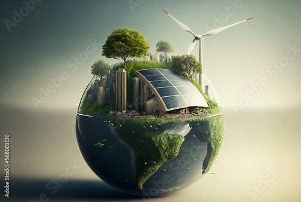 Fototapeta Green sustainable earth globe. Renewable energy transition concept. Generative AI