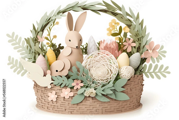 Fototapeta Paper Easter bunny with basket of Easter eggs created with Generative AI