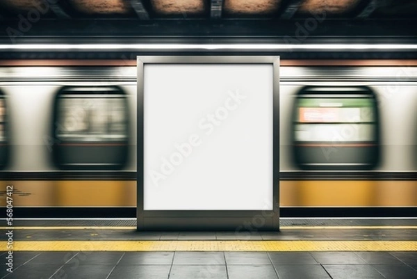 Fototapeta Mock up Poster media template Ads display in NYC Train Subway Station with moving Train on background. Mock up.  Banner billboard mockup for advertising in city useful for design. Generative AI