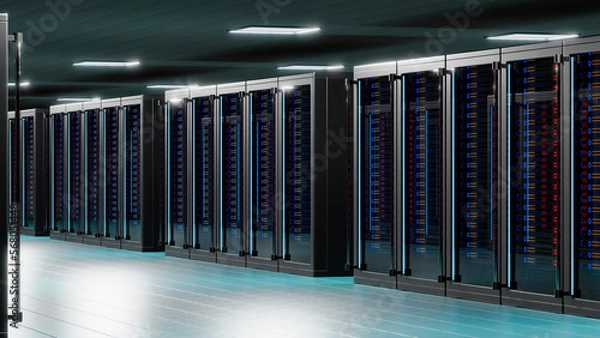 Fototapeta network and internet communication technology concept, data center interior, server racks in a server room - 3D Illustration