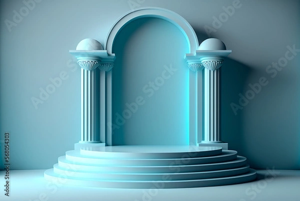 Fototapeta Abstract blue background with stairs, 3d render illustration. Computer digital drawing. Generative AI