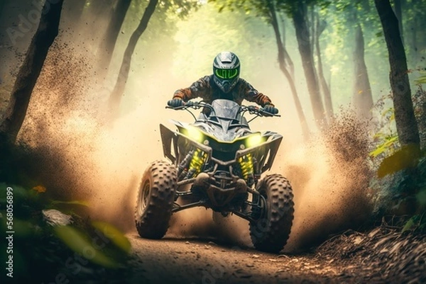 Fototapeta Extreme quad cross MX Rider riding on dirt track ,forest one the background, Generative ai