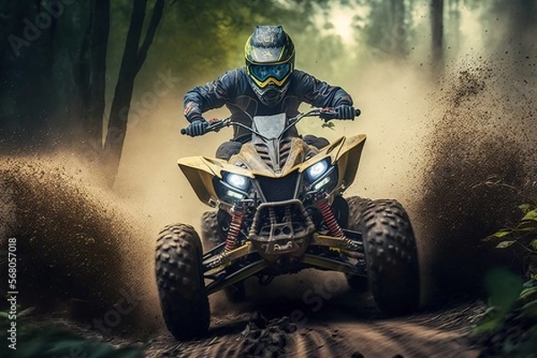 Fototapeta Extreme quad cross MX Rider riding on dirt track ,forest one the background, Generative ai