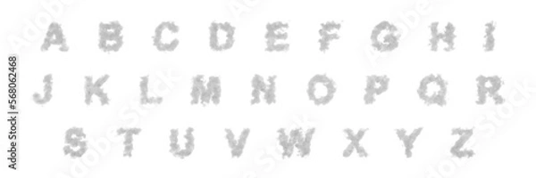 Fototapeta Cloud letters on transparent background. White uppercase alphabets in shape of smoke or clouds.