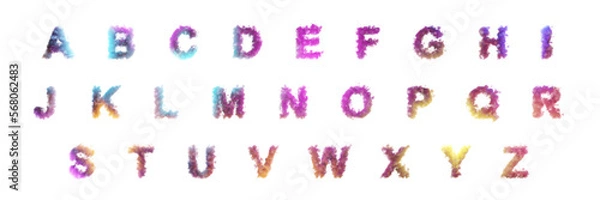 Obraz Cloud letters on transparent background. Font made of clouds. Colorful uppercase alphabets in shape of smoke or clouds.