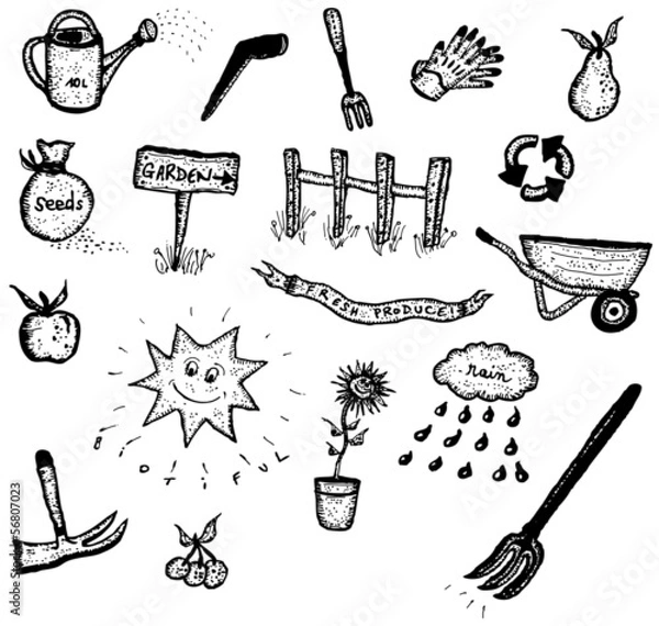 Fototapeta Doodle Set Of Gardening And Green Elements