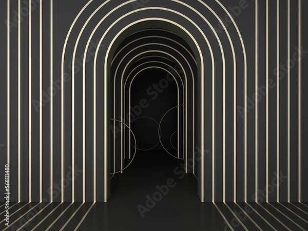 Fototapeta Simple clean arched door design with golden stripes; abstract dark art deco geometric background; luxury arcade wall niche mockup; blank space; art deco display; 3d rendering, 3d illustration